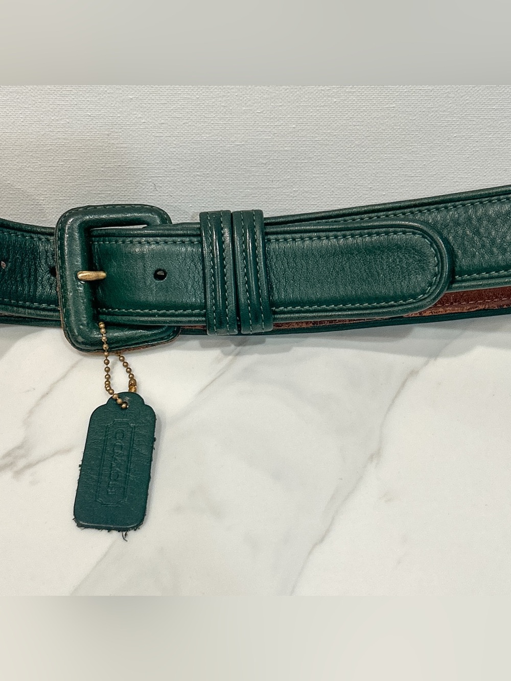 Vintage Coach Leather Belt Dark Green Size Large Waist 28-32 With Green Hangtag - Picture 3 of 9